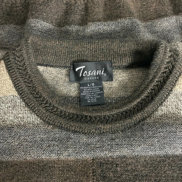 Vintage Tosani Men’s Crewneck Sweater Large Wool blend Brown Tan Striped - Picture 4 of 8